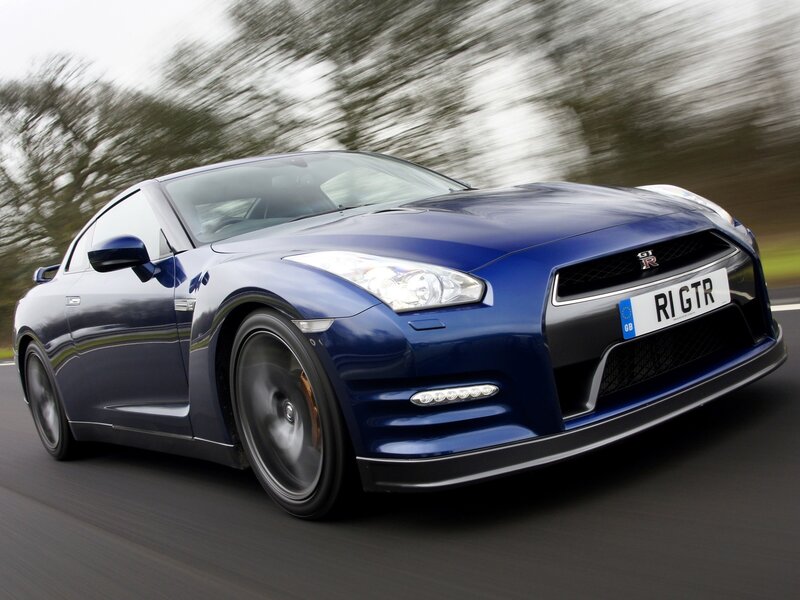 blue nissan gt-r in motion