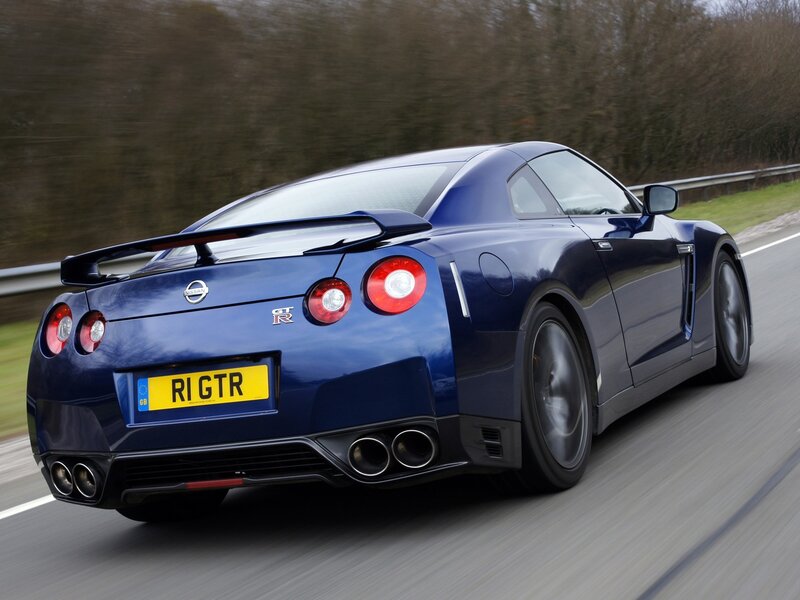 Blue Nissan GT-R in motion