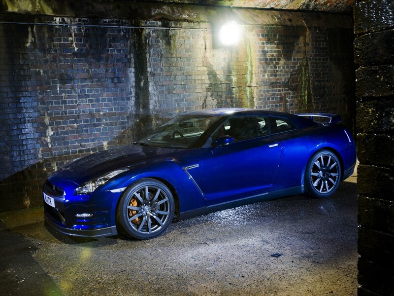 Blue Nissan GT-R in tunnel