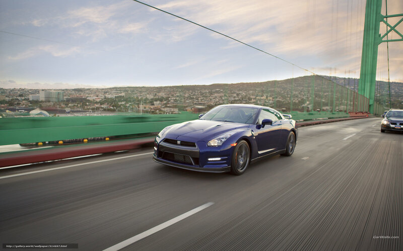 Blue Nissan GT-R on a bridge