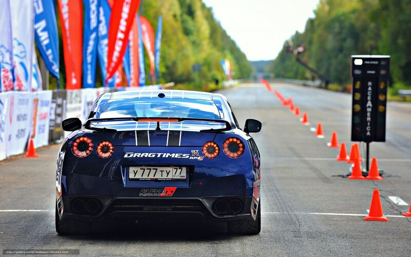 Blue Nissan GT-R on a drag strip
