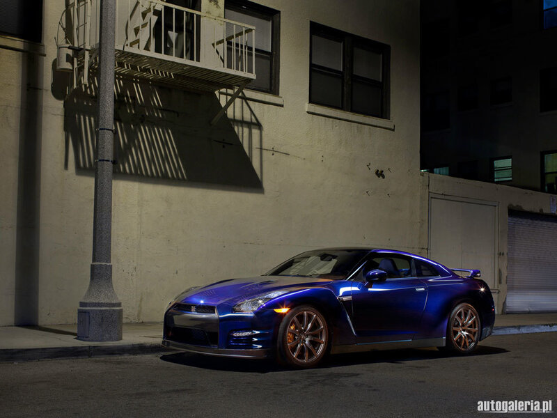 Blue Nissan GT-R on city street