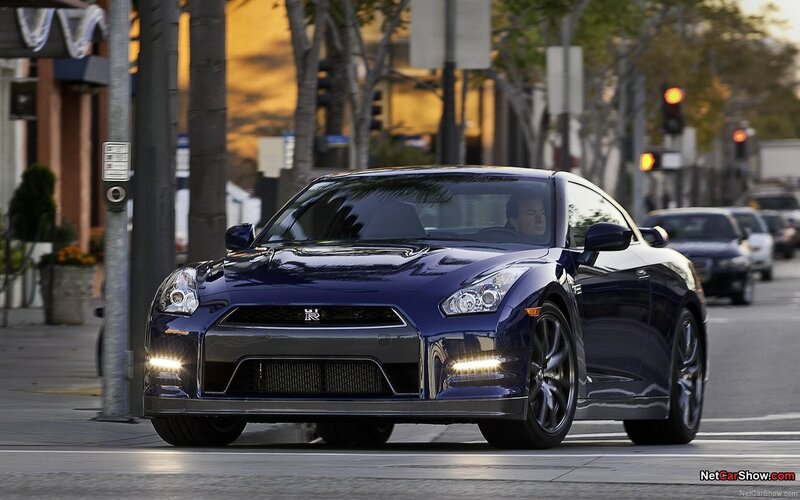 blue nissan gt-r on city street