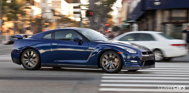 blue nissan gt-r on city street