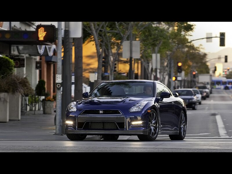 Blue Nissan GT-R on city street