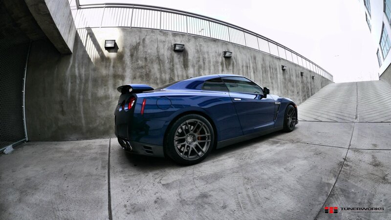 blue nissan gt-r on concrete ramp