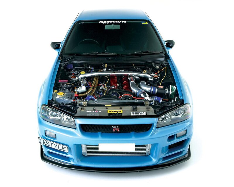 blue nissan gt-r with open hood