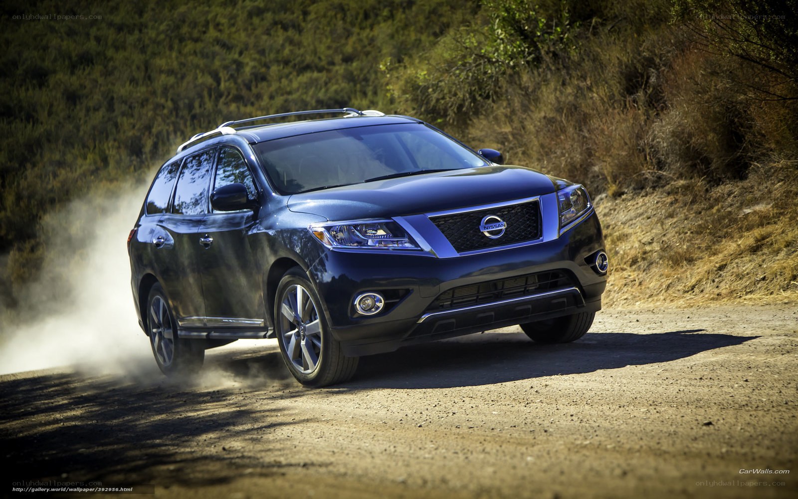 Blue Nissan Rogue on dirt road