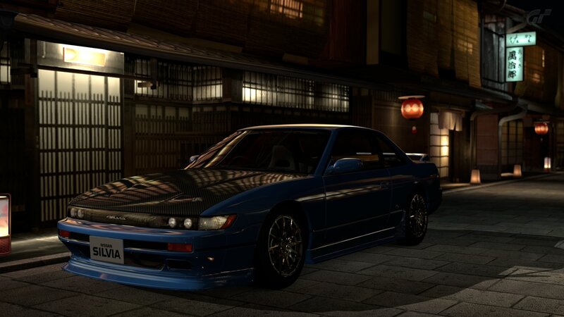 Blue Nissan Silvia at night