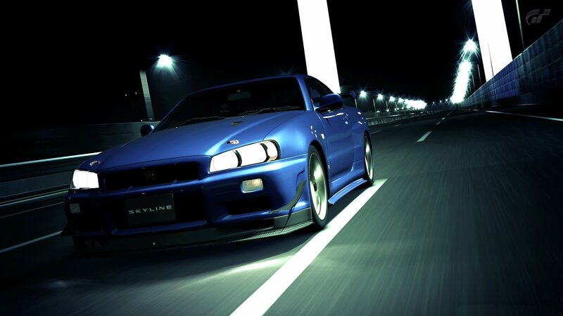blue nissan skyline at night