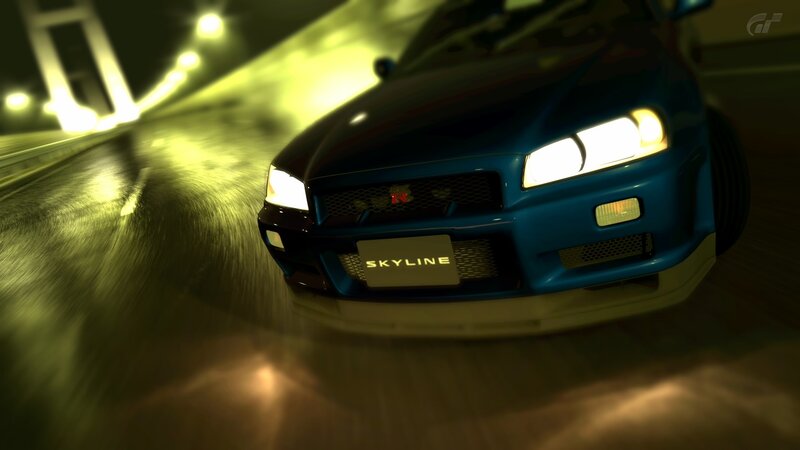 blue nissan skyline at night