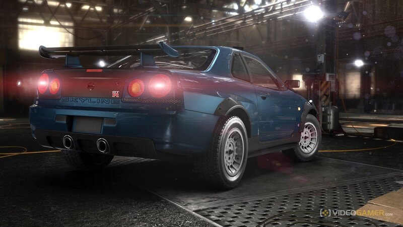 blue nissan skyline in garage