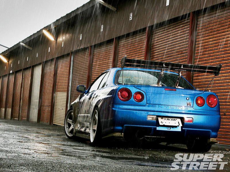 Blue Nissan Skyline in the rain