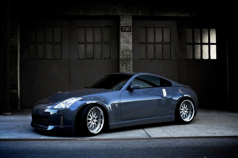 Blue Nissan Z in a garage