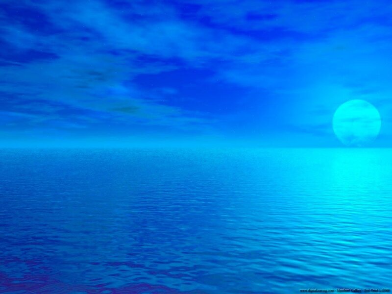 Blue ocean at night with moon