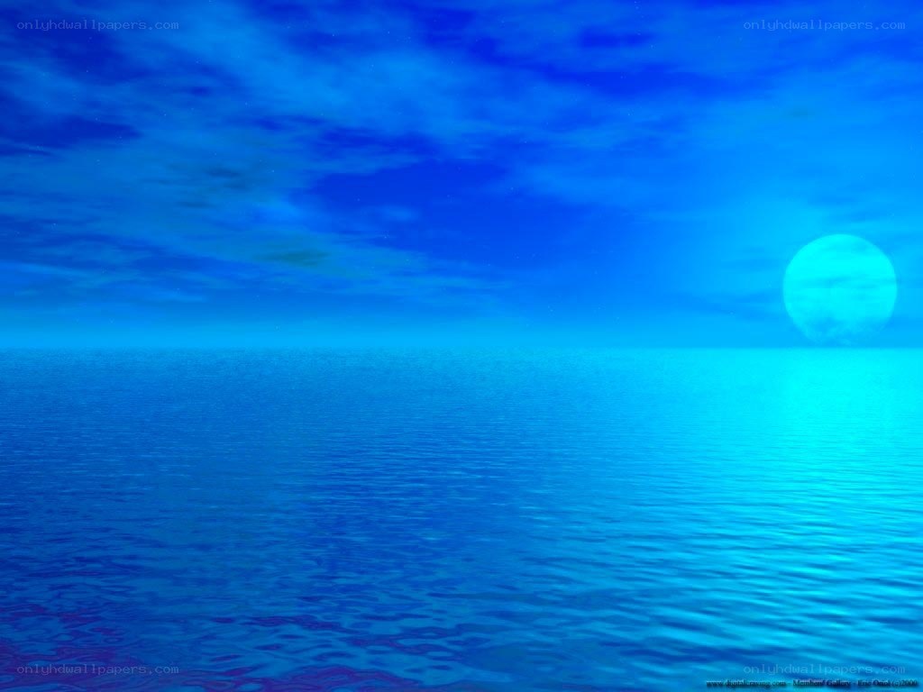 Blue ocean at night with moon