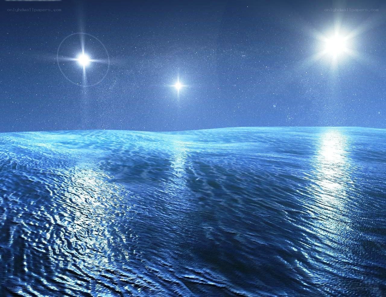 Blue ocean under three stars