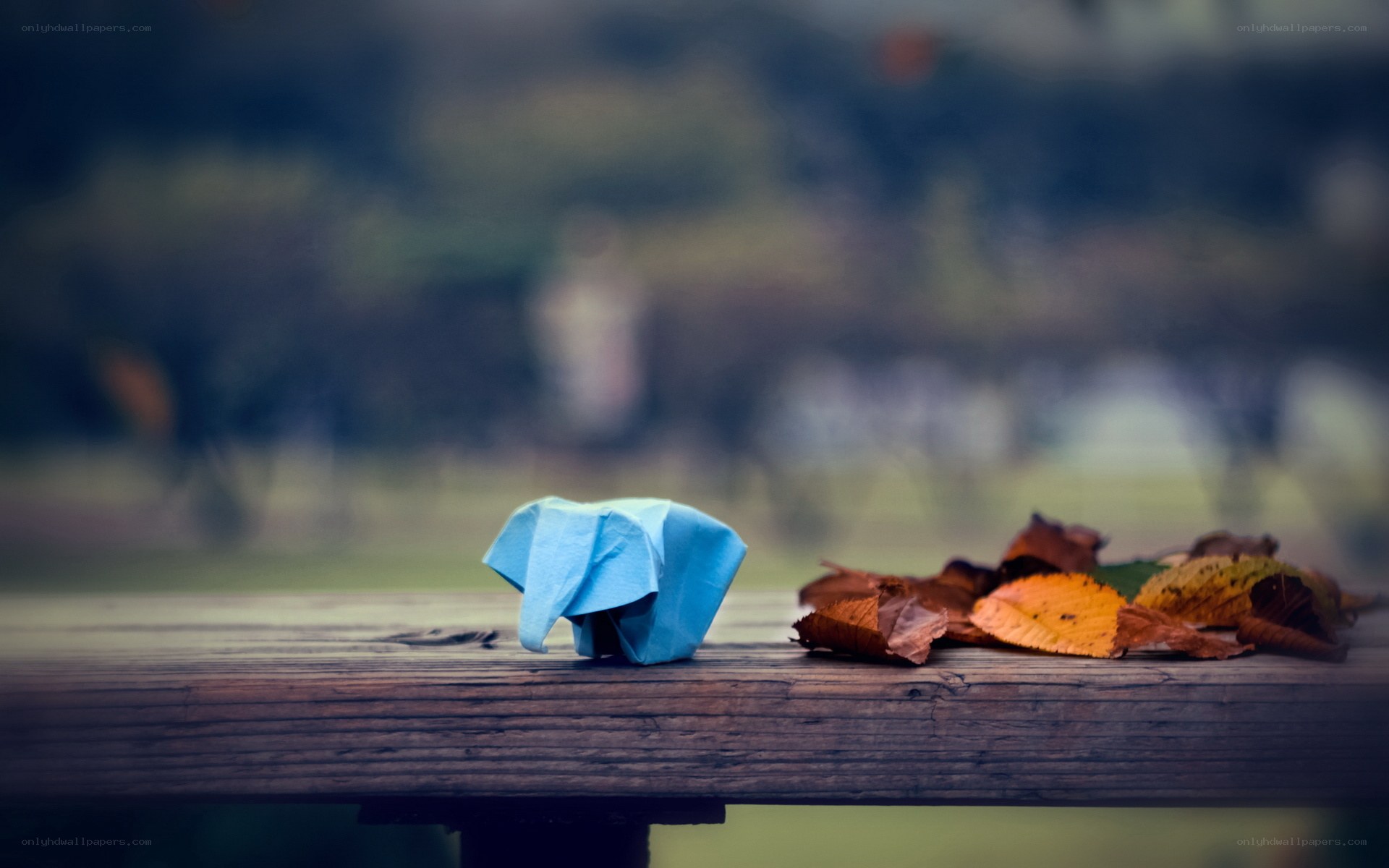 Blue origami elephant on a bench