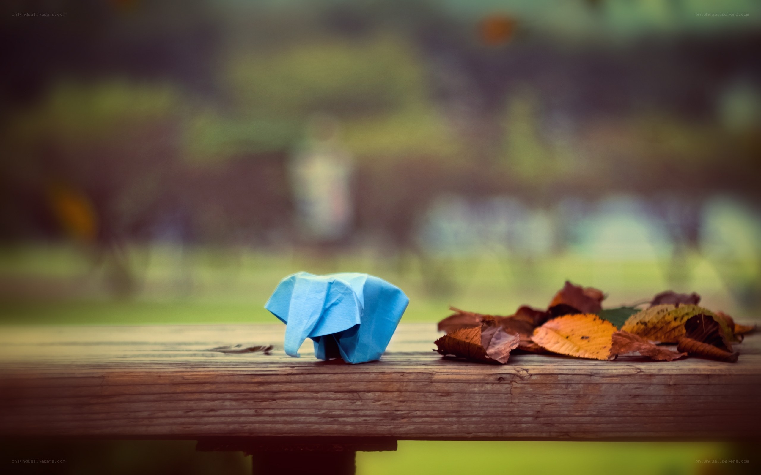 Blue origami elephant on bench
