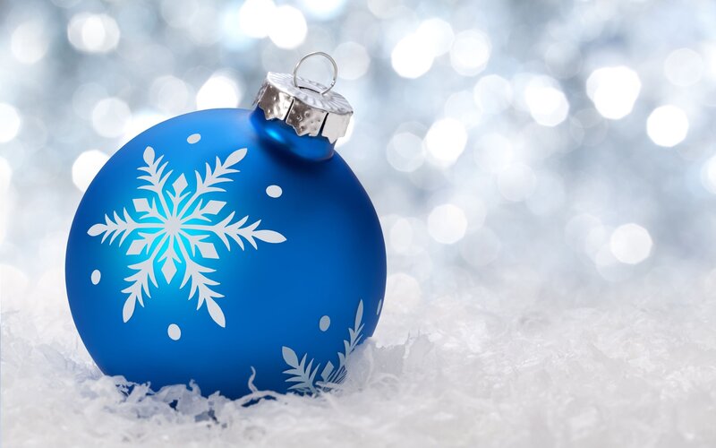 Blue Ornament in Snow — Festive, Winter, Photograph