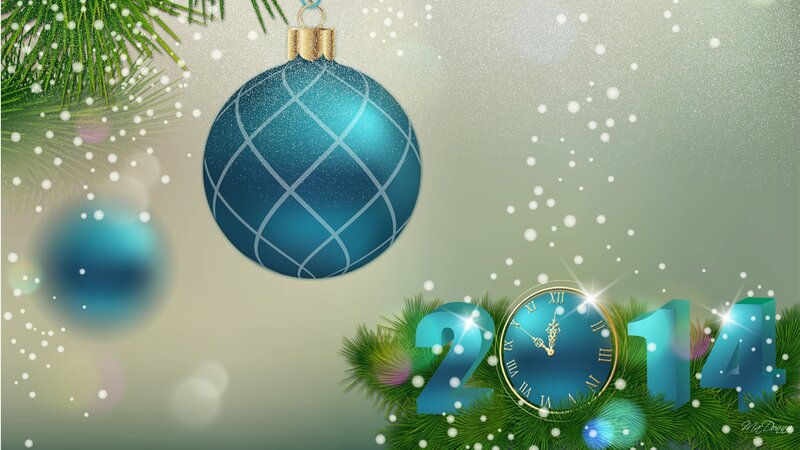 Blue Ornament on Branch — Festive, Winter, Digital Art, Clock