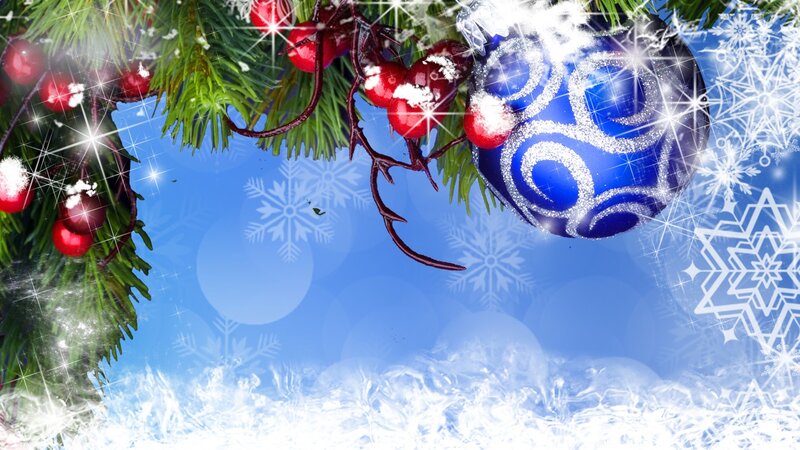 Blue Ornament on Branch — Festive, Winter, Digital Art