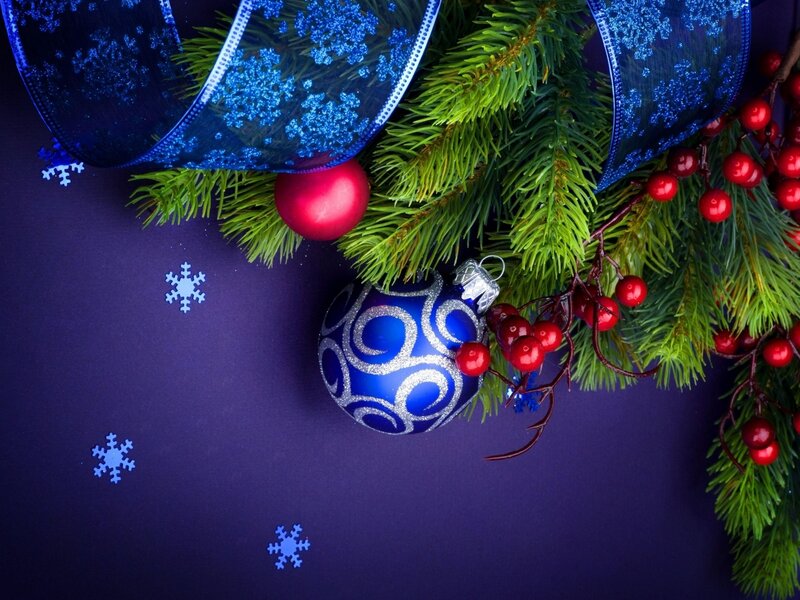 Blue Ornament on Branch — Festive, Winter, Photograph, Pine Branches