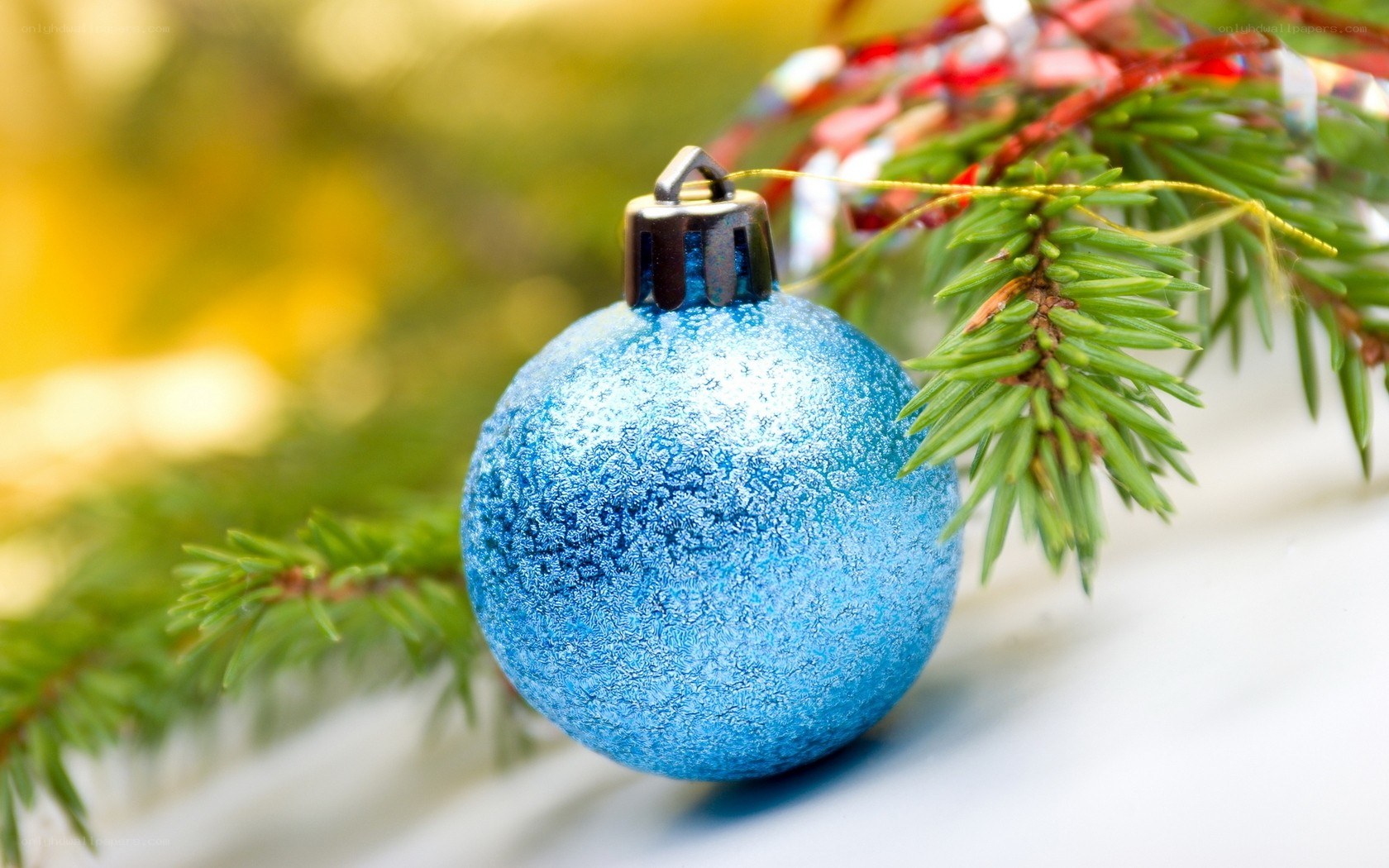 blue ornament on pine branch