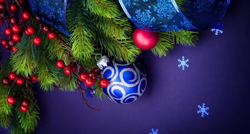 Blue Ornament on Pine Branch — Festive, Winter