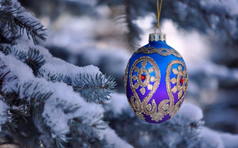 Blue Ornament on Pine Branch — Serene, Winter, Photograph