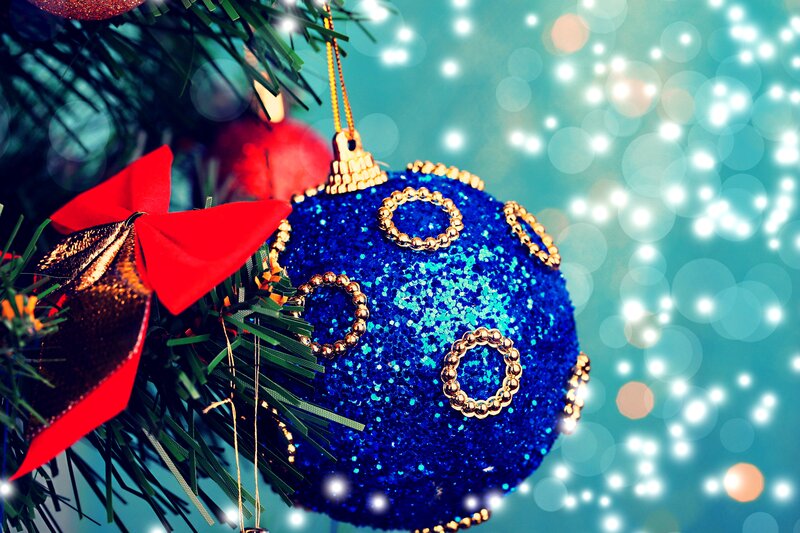 Blue Ornament on Tree — Festive, Winter, Photograph, Red Bow