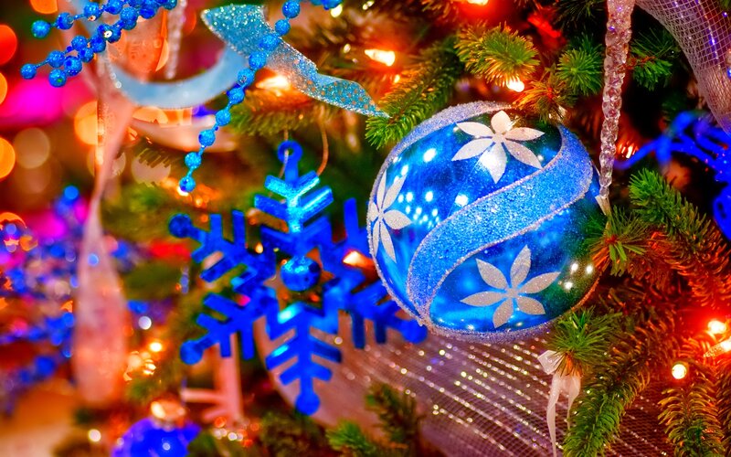 Blue Ornament on Tree — Festive, Winter, Photograph, Snowflake, Beads