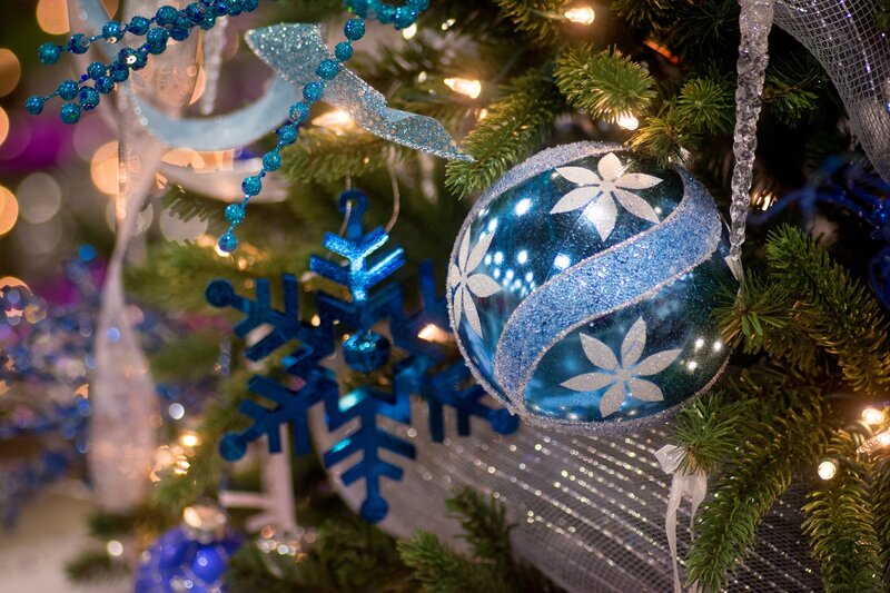 Blue Ornament on Tree — Festive, Winter, Photograph, Snowflake
