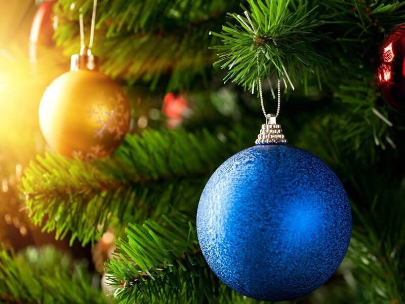 Blue Ornament on Tree — Green, Festive, Winter, Photograph, Gold Ornament