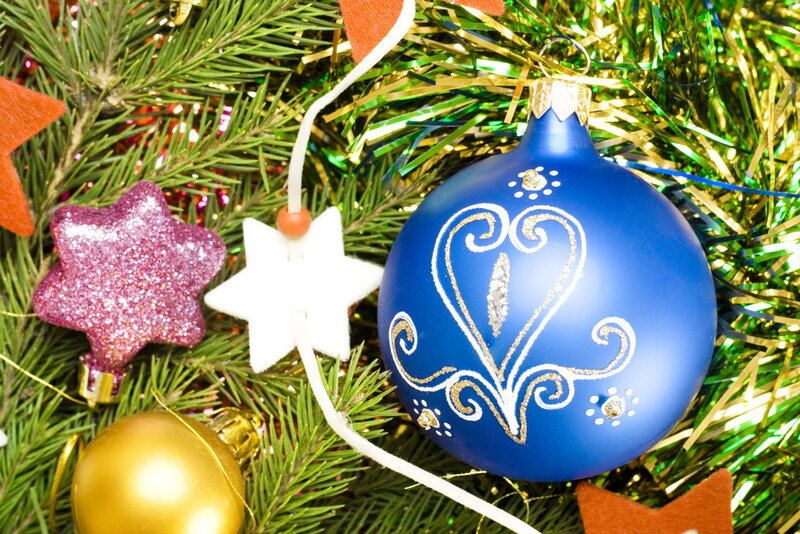 Blue Ornament on Tree — Green, Festive, Winter, Photograph, Star Ornaments