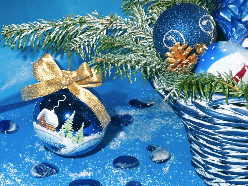 Blue Ornament with Bow — Festive, Winter, Photograph, Pine Branch