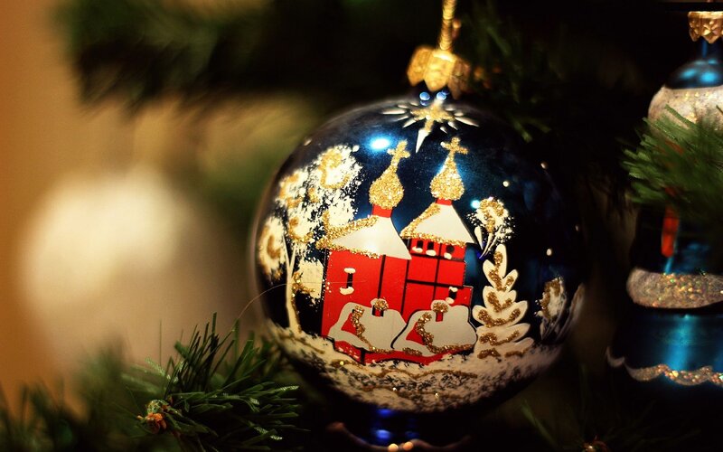 Blue Ornament with Church — Festive