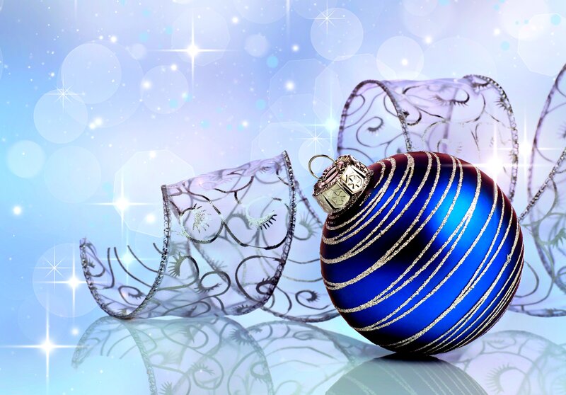 Blue Ornament with Ribbon — Festive, Winter, Photograph, Sparkles