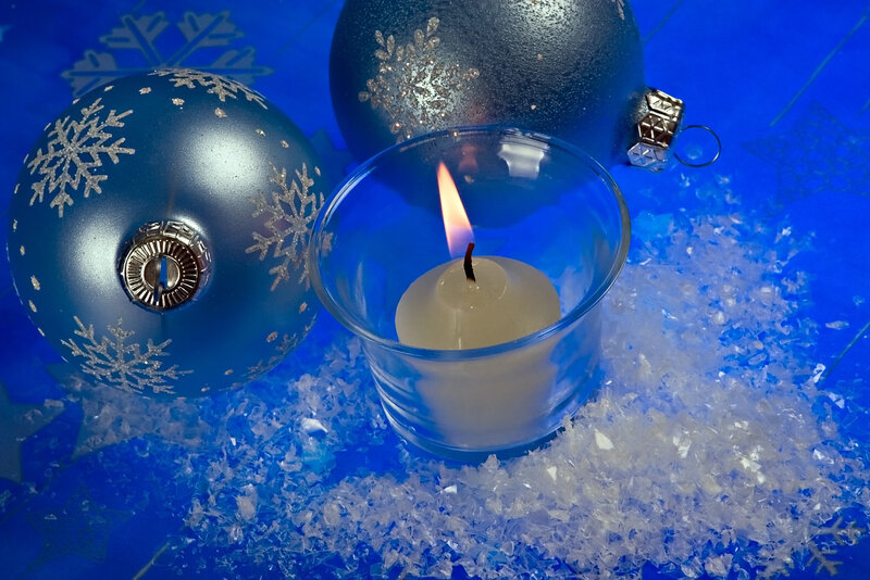 Blue Ornaments and Candle — Calm