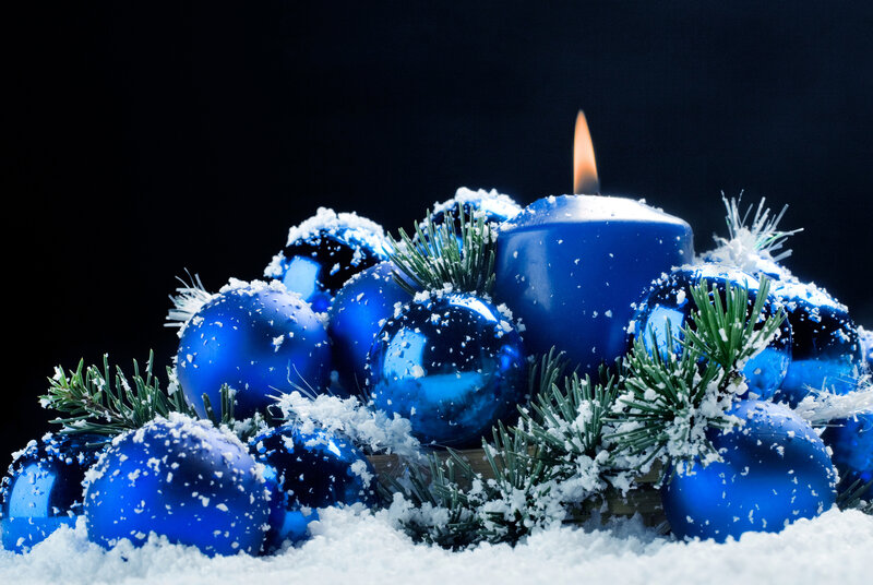 Blue Ornaments and Candle — Festive