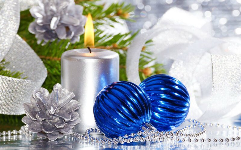 Blue Ornaments and Candle — Festive, Winter