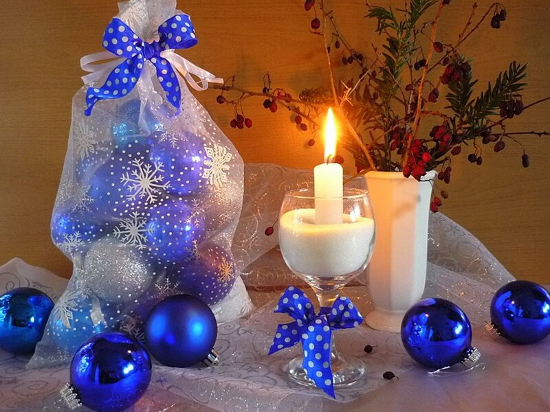 Blue Ornaments and Candle