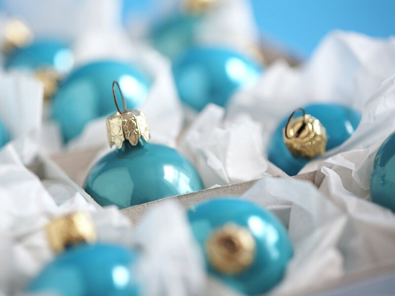 Blue ornaments in a box