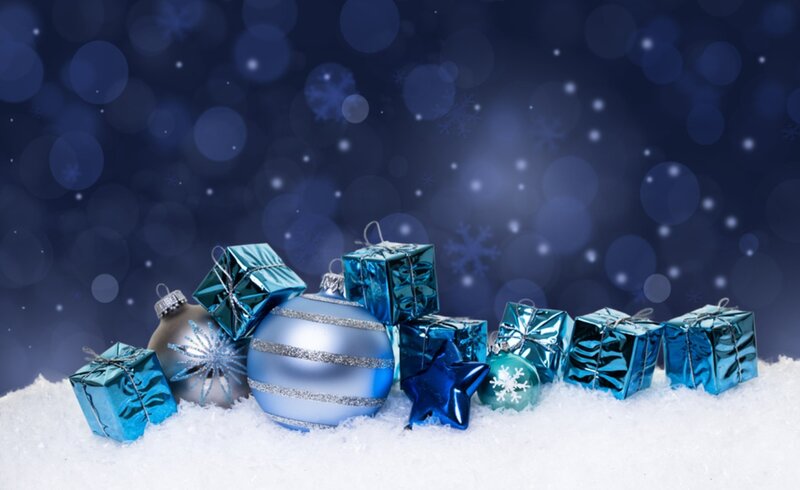 Blue Ornaments in Snow — Festive, Winter, Photograph