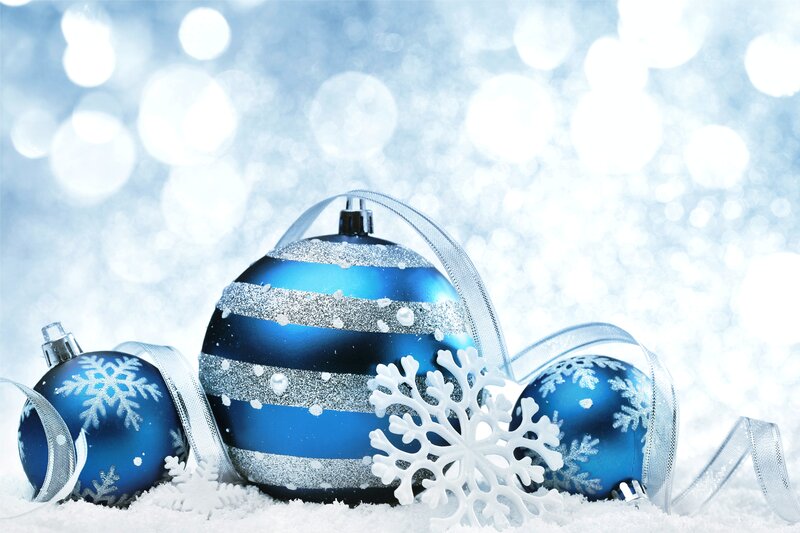 Blue Ornaments in Snow — Festive, Winter