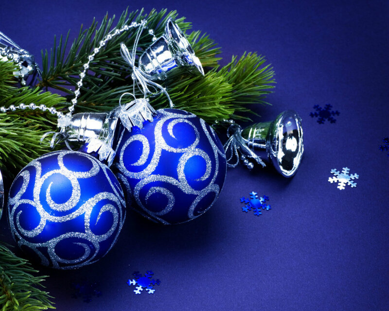 Blue Ornaments on Pine Branch — Festive