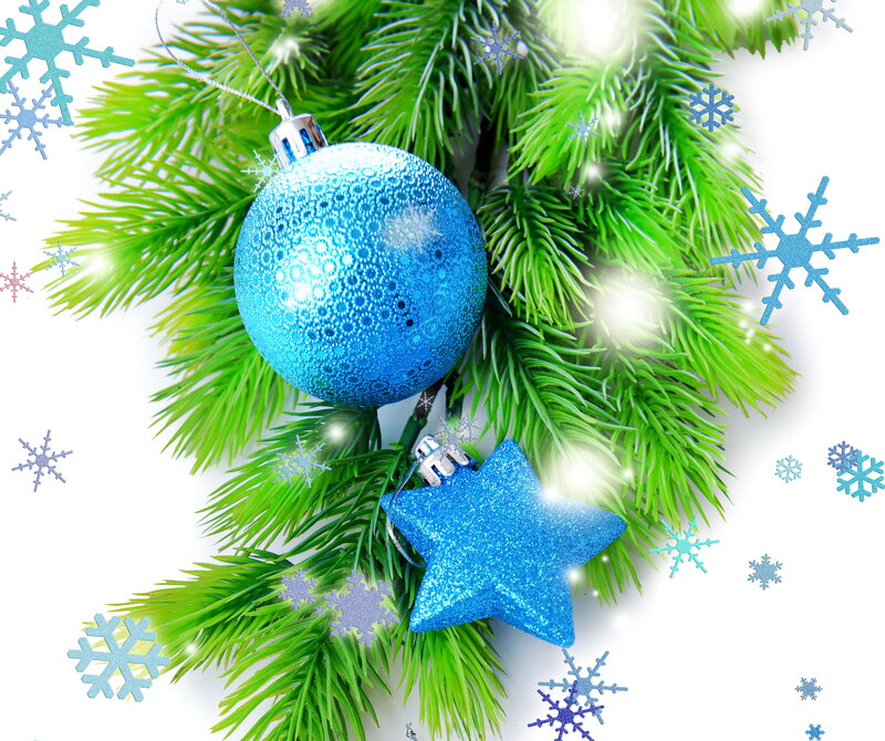 Blue Ornaments on Pine Branch — Green