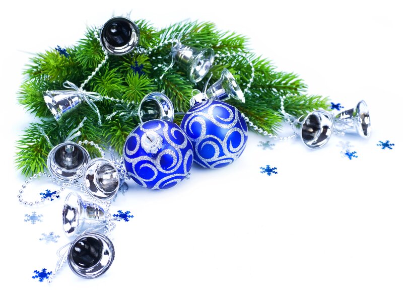 Blue Ornaments on Pine Branches — Festive
