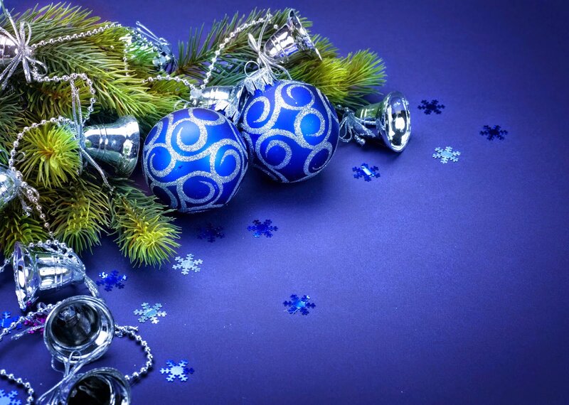 Blue Ornaments on Pine Branches — Festive, Winter, Photograph