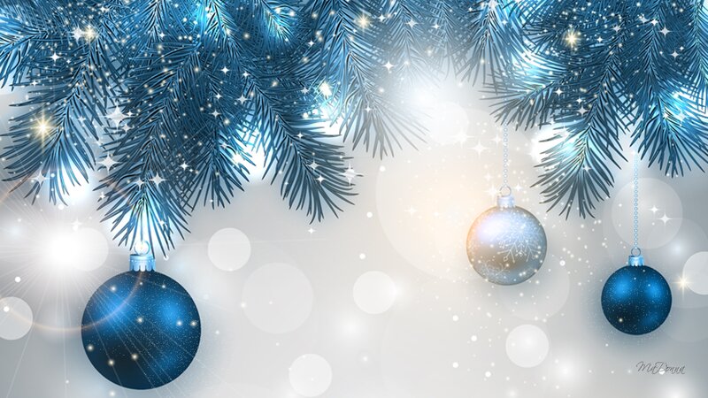 Blue Ornaments on Pine Branches — Festive, Winter